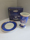 Kiddush Cup   Saucer Set Jerusalem Cityscape Blue Gold Shabbat