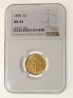 1854  3 Indian Princess Head Gold Coin Ngc Ms62