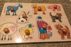 Vintage Wooden Animals 9 Piece Peg Puzzle  cow horse cat lamb pig duck bunny dog