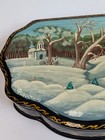 Vtg Russian Fedoskino Handpainted Winter Village Church Black Lacquer Box Signed