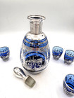 Vintage Cobalt Glass W  Silver Overlay Decanter   Shot Glass Set
