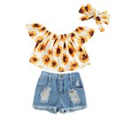 Toddler Kids Baby Girl Summer Clothes Sunflower Tops ripped Denim Shorts Outfits