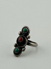 Navajo Sterling Silver Turquoise Coral 3-stone Ring Size 2   Pinky Child   s 60 Vtg