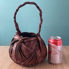 Vintage Japanese Ikebana Wave Pattern Hand Woven Bamboo Basket Tall W handle