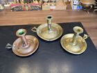 Lot Of 3 Early Antique Brass Push Up Ejector Chambersticks Candlestick Holders