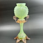 Antique Uranium Glass Shell Shaped Vase Art Glass Pink Feet   Frills