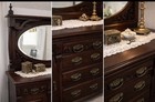 Victorian Walnut Wood Dresser With Mirror  Brass Handles  5 Drawers  Carvings