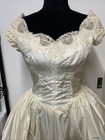 Vintage 50s Wedding Dress Gown S Cream Lace Beads Fitted Bodice Full Skirt
