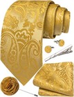 Mens Gold Tie And Pocket Square Set Paisley Silk Neck Ties Cufflinks Tie Clip   