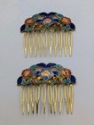 Vintage Pair Multi Color Enamel Cloisonne Floral Gold Tone Hair Combs 70 s-80 s