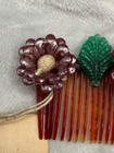Vintage Celluloid Hair Comb Set Flowers Faux Tortoise