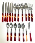 Bakelite Catalin Red   Yellow Stripe Art Deco Inlaid Flatware Partial Set 18 Pc