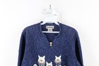 Vintage 90s Streetwear Womens Large Abstract Beaded Cat Kitten Knit Sweater Blue