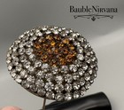 Estate Fresh Antique Hat Pin Round Amber Brown Glass   Rhinestones Prong Set
