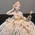 Vtg Porcelain Half Doll Pin Cushion W  Lace   Floral Print Dress Straight Pins 