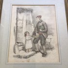 Old Vintage Antique Framed Coloured Illustration Pencil Drawing - Initialled