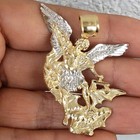 Big Real 14k Yellow White Gold Saint Michael Miguel Pendant Charm 2 Inches Long
