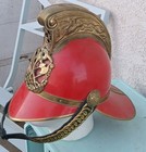 Red Firefighting Parade Helmet With Brass Dragon Crest And Ornate Front Plate