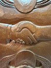 Maori Wood Carving Handshake Nz Paua Shell Inlay Totara Wall Plaque Vtg 18x9 