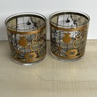 Set Of 2 Vintage Mcm Cera 22k Gold Old World Map Lowball Glasses Mid Century See