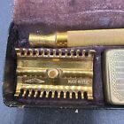 Vintage Used Gold Color Gillette Safety Shaving Razor In Travel Case 7 Blades