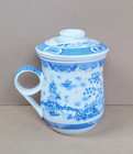 Vintage Porcelain Mug With Infuser   Lid Blue White Asian Style 11 8 Oz