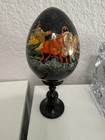 Vtg Russian Black Lacquer Large Hand Painted Egg On Wooden Stand