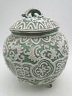 Old Japanese White Jeweled Moriagi On Green Covered Cookie   Ginger Jar