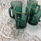 Vintage Midcentury Glass Coffee Cup Mug Emerald Green Gold Rim Trim Set Of 4