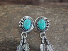 Native American Sterling Silver Turquoise Feather Post Dangle Earrings - Largo