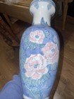 Vintage Old Antique China Blue White Pink  Vase Oriential 13 5  Tall Large 