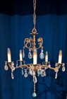 Antique Vintage French 5 Light Spanish Brass Ornate Crystal Prism Chandelier