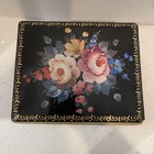 Lovely Vintage English Tin Floral Design Black   Gold Trim Hinged Lid England