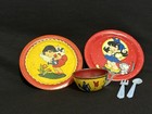 Vintage Tin Lithograph Toy Dish Set 2 Plates Cup Spoon Fork Doll Tea Set Lot 5pc