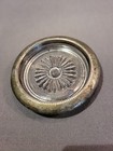 4  Round Vintage Glass With Sterling Silver Trim Sunburst Pattern Ashtray   Tray