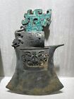 China Ritual Bronze Yue Turquoise Inlays Dragon tiger Deity Face Design Axe