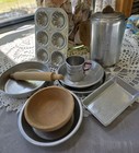 Vintage Child Size Illuminum wood Play Dishes Lot Of 10-  Miniature Kitchen Play