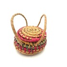 Vintage Small Round Woven Pine Needle Trinket Basket With Lid And Handles Boho