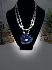 Sterling Silver W Pearls Bead Necklace Big Flower Pendant Lapiz Lasuli Very Long