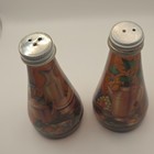Vintage Amber Glass Bottle Salt   Pepper Shakers Set  2pc Metal Lids