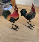Vtg Set Of 2 Roosters Figurines Handpainted Plastcine On Wire Spring W Wire Legs