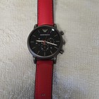 Emporio Armani Men   s Quartz Chronograph Date Watch Black Dial Red black Leather