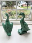 Pair Of Antique Chinese Export Green Glaze Duck Figurines Marked China Early20th