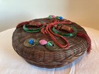 Vintage Chinese Wicker Round Sewing Basket Glass Beads Rings Coins 7  Diameter