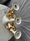 Vintage Italian Ceramic Cherub Candelabra Gold Gilt Angel 3 Light Candlestick