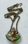 Vintage Necklace Art Nouveau Brass Pendant Antique Apple Green Czech Glass Drop