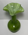 Vintage Green Handblown Art Glass Vase Ruffled Edge Optic Swirl Decor Antique