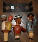 3 Vintage Wine Stopper Hand Carved Wood Mechanical Bottle Stopper Cork W holder