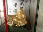 Vintage Golden Maitreya Buddha Figurine In Wood   Glass Case 8  W - 10  T