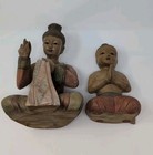 Two Stunning Vintage Burmese Carved Wooden Figure Sitting Mother And Child